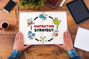 marketing strategy written on page with icons | essential property management strategies | HiRUM